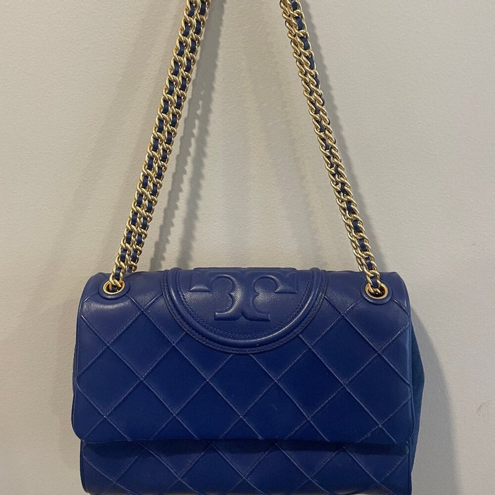 Tory Burch Quilted Blue Leather Chain Shoulder Bag